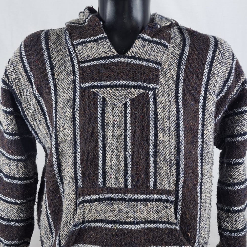 Mexican hoodie poncho woven hoodie pullover LG brown striped baja jacket